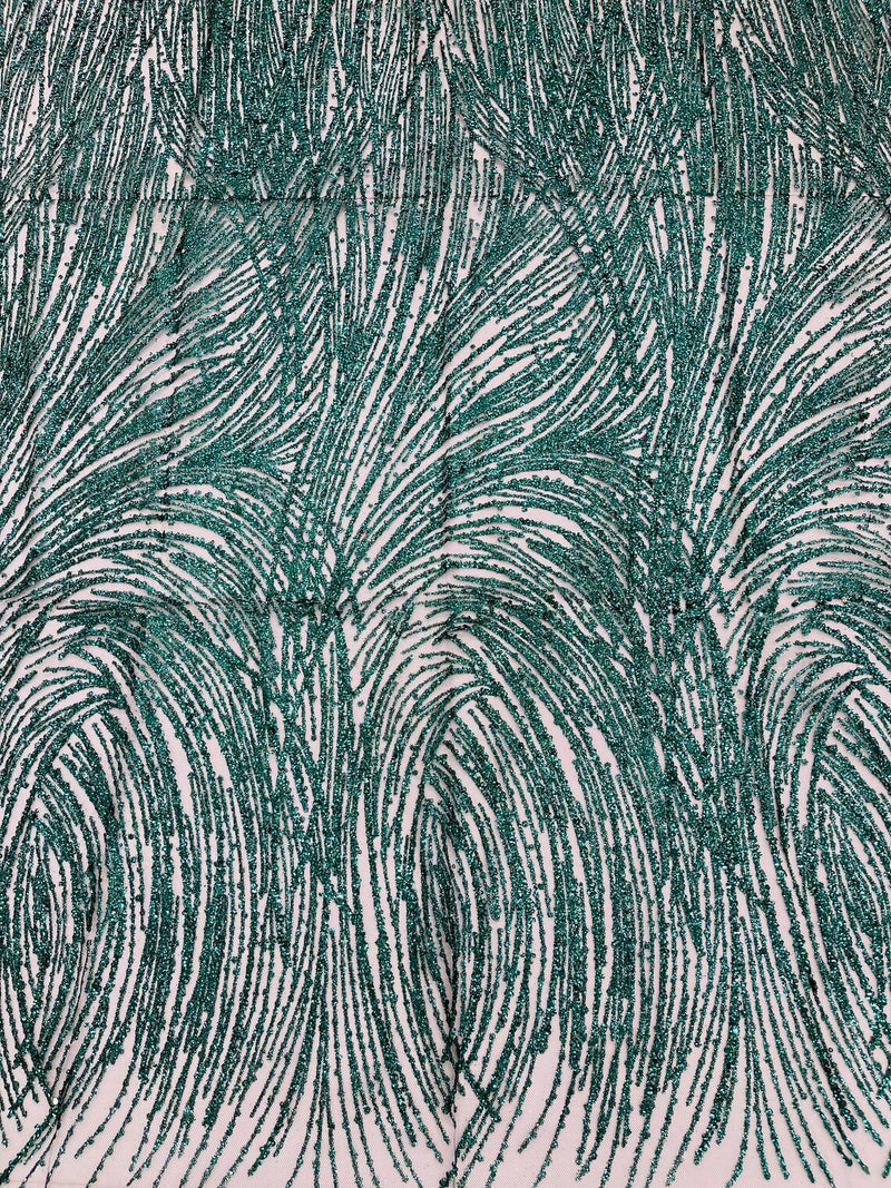 Glitter Lines on Tulle Lace Fabric - Hunter Green - Tulle Glitter Mesh Line Design Fabric Sold By Yard