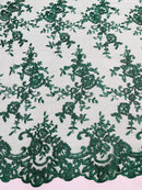 Plant Design Lace Fabric - Hunter Green - Small Plant Flower Leaf Design Lace Fabric Sold By Yard