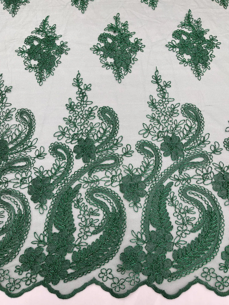 Metallic Paisley Floral Lace - Hunter Green - Corded Floral Lace with Metallic Thread on Mesh By Yard