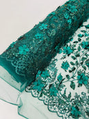 3D Glitter Floral Fabric - Hunter Green - Glitter Sequin Flower Design on Lace Mesh Fabric by Yard