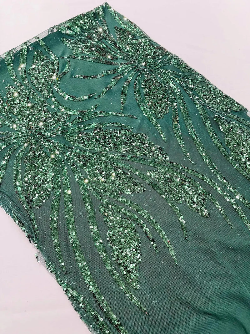 Wavy Leaf Design Fabric - Hunter Green - 4 Way Stretch Sequins Lace Mesh Leaf Design Fabric by Yard