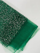 Rhinestone Glitter Mesh Fabric - Hunter Green - Shiny Glitter Mesh Rhinestone Detail Fabric by Yard