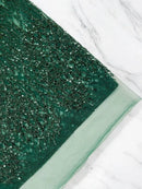 Beaded Embroidered Fabric - Hunter Green - Embroidered Heart and Feather Pattern Fabric Sold By Yard