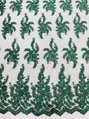 Braid Leaf Designs Lace Fabric - Hunter Green - Embroidered Floral Leaf Pattern on Lace Mesh Fabric By Yard
