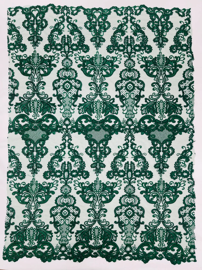 King Lace Design Fabric - Hunter Green - King Design with Sequins Embroidered On Mesh By Yard