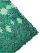 Flower 3D Corded Fabric - Hunter Green - Lace Mesh Fabric Embroidered Floral Design by Yard