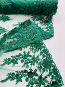 Rose Beaded Sequin Fabric - Hunter Green - Embroidered Floral Pattern with Beads and Sequins By Yard