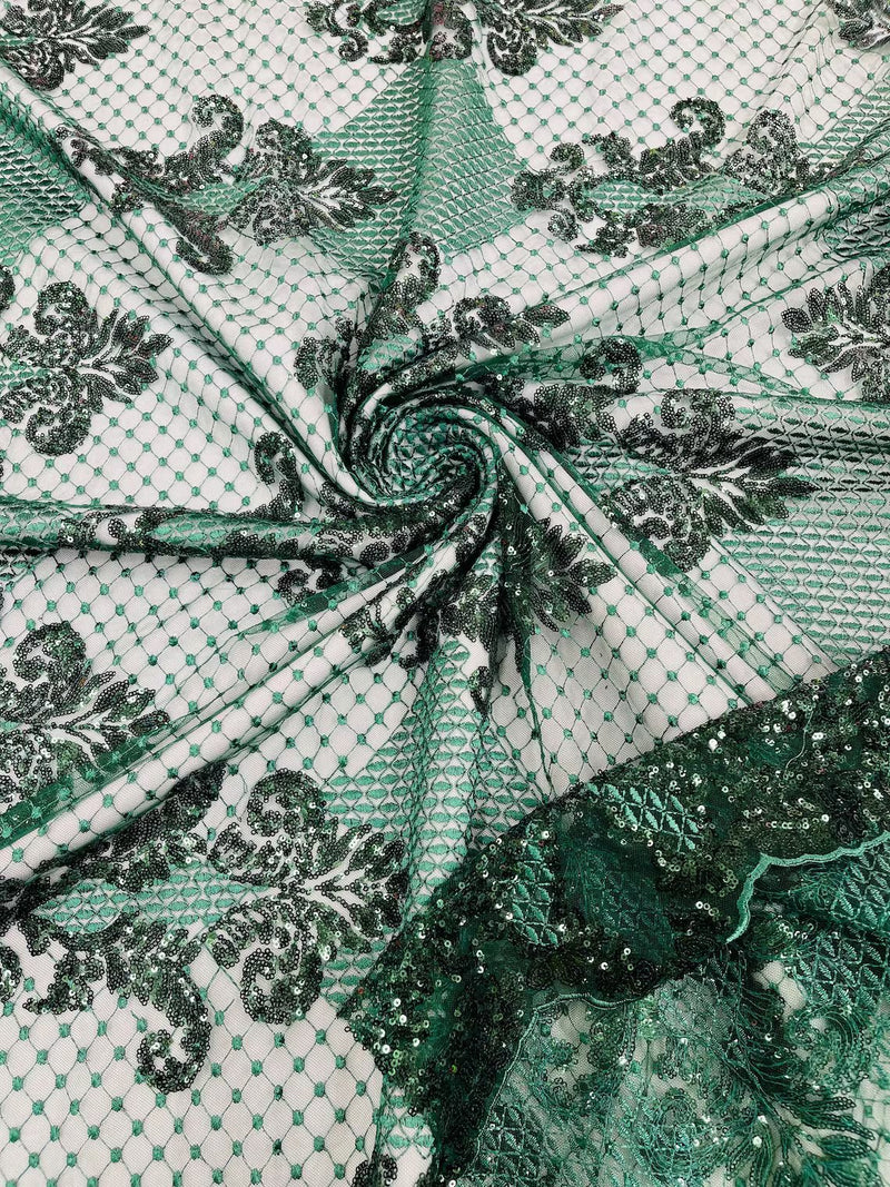 King Damask Lace Fabric - Hunter Green - Corded Embroidery with Sequins on Mesh Lace Fabric By Yard