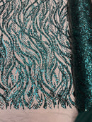 Wavy Floral Beaded Fabric - Hunter Green - Geometric Beaded Sequins Embroidered Fabric Sold By Yard