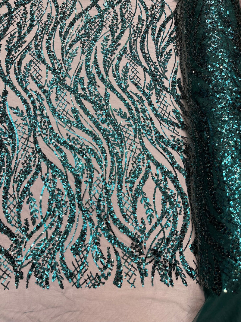 Wavy Floral Beaded Fabric - Hunter Green - Geometric Beaded Sequins Embroidered Fabric Sold By Yard