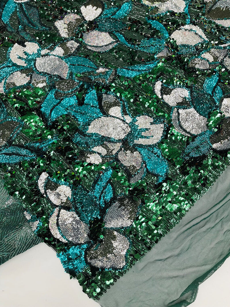 Orchid Flower Sequins Design - Hunter Green - Embroidered 4 Way Stretch Full Of Sequins Fabric Sold By Yard
