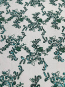Sequin Lace Floral Fabric - Hunter Green - Flower Embroidered Sequins Lace Fabric Sold By Yard