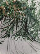 Leaf Stretch Sequins Fabric - Hunter Green - 4 Way Stretch Sequins on Lace Mesh Fabric by Yard