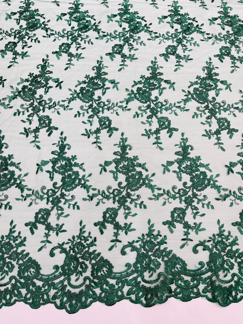 Plant Design Lace Fabric - Hunter Green - Small Plant Flower Leaf Design Lace Fabric Sold By Yard