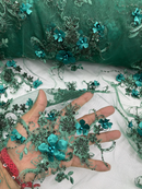 3D Flower Pearl Design - Hunter Green - Embroidered Sequins Floral Clusters Lace Fabric By Yard