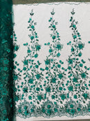 3D Glitter Floral Fabric - Hunter Green - Glitter Sequin Flower Design on Lace Mesh Fabric by Yard