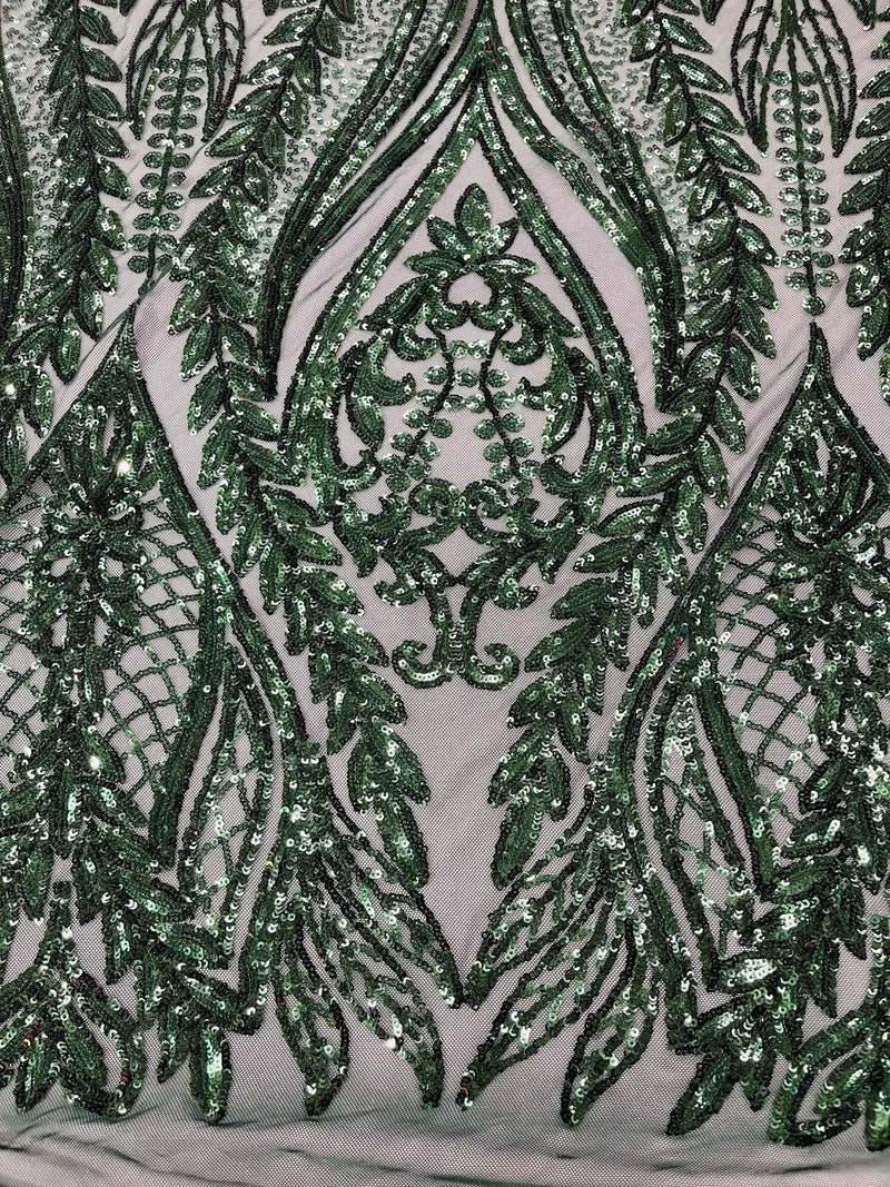 Mermaid Design Fabric - Hunter Green - 4 Way Stretch Sequins Fabric on Lace Mesh Sold By Yard