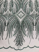 Beaded Line Fabric - Hunter Green - Luxury Bridal Line Pattern Fabric With Beads, Sequins Sold By Yard