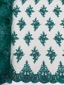 Floral Damask Bead Fabric - Hunter Green - Embroidered Floral Clusters with Beads / Sequins by Yard