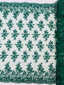 3D Floral Fabric - Hunter Green - Embroidered Flower with Rhinestone and Sequins Fabric By Yard