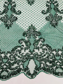 King Damask Lace Fabric - Hunter Green - Corded Embroidery with Sequins on Mesh Lace Fabric By Yard