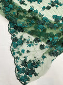 3D Multi-Color Flower Lace - Hunter Green - Flower Leaf 3D Multi-Tone Fabrics Sold By Yard