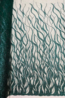 Flaming Fire Design Bead Fabric - Hunter Green - Beaded Embroidered Fabric By Yard