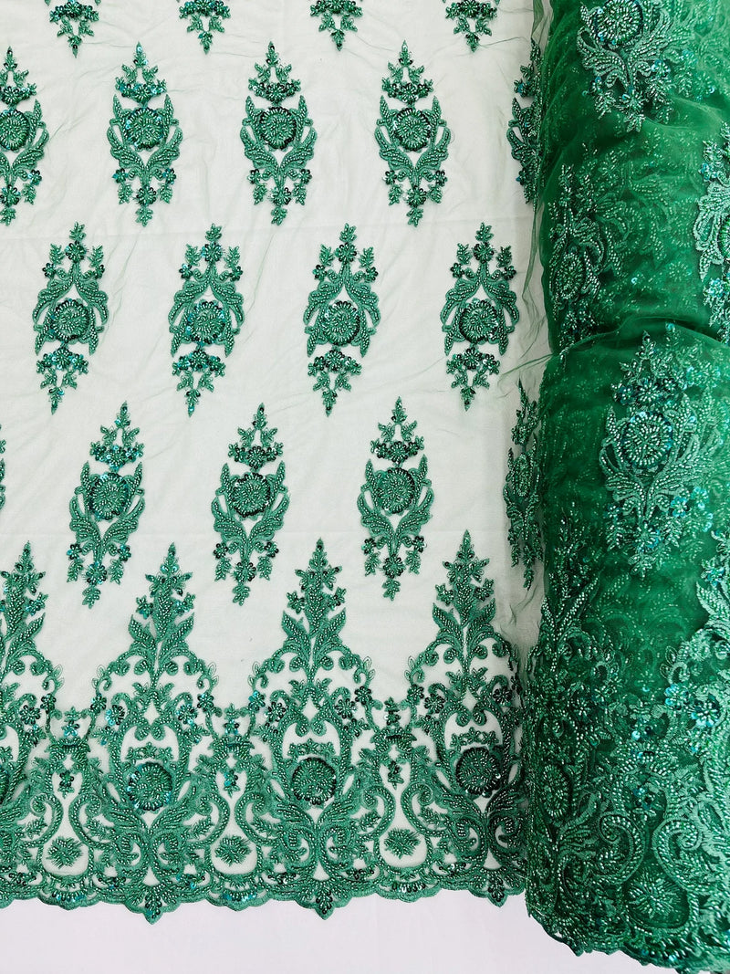Embroidered Bead Fabric - Hunter Green - Floral Damask Bead Bridal Lace Fabric by the yard