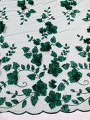 Floral 3D Pearl Fabric - Hunter Green - Embroidered Double Border Flower Design Pearl Fabric By Yard