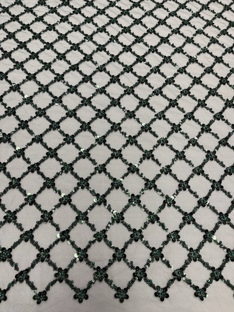 Diamond Net Bead Fabric - Hunter Green - Geometric Embroidery Beaded Sequins Fabric Sold By The Yard