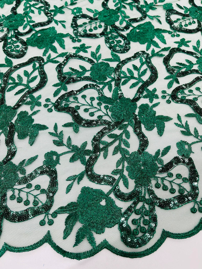 Flower Plant Sequins Fabric - Hunter Green - Embroidered Sequins On Flower Pattern Lace By Yard