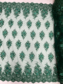 3D Floral Fabric with Pearls - Hunter Green - Embroidered Flower and Leaf Patterns on Lace Fabric by Yard