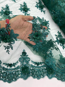3D Floral Sequins Design - Hunter Green - Embroidered Floral Lace Fabric With Sequins / Pearls By Yard