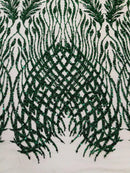 Beaded Embroidered Fabric - Hunter Green - Embroidered Heart and Feather Pattern Fabric Sold By Yard