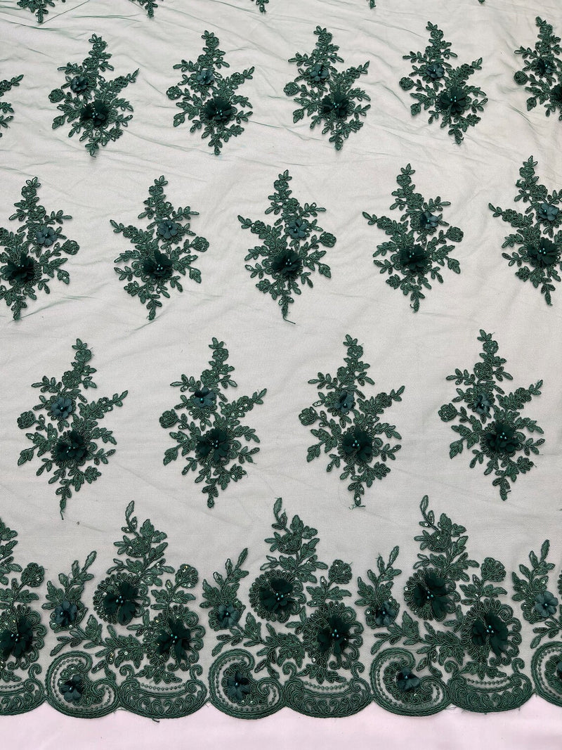 3D Floral Valentina Lace Fabric - Hunter Green - Sequins and Beads on Flower Design Fabric By Yard