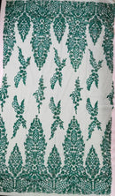 Fancy Rhinestone Glitter Fabric - Hunter Green - Embroidered Damask Design Glitter Mesh Fabric by Yard