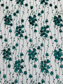 3D Floral Glitter Fabric - Hunter Green - 3D Sequins and Glitter Floral Design on Mesh Sold By Yard