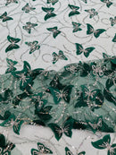 3D Butterfly Sequins Bead Fabric - Hunter Green - Sequins Embroidered Beaded Fabric By Yard