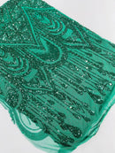 Zig Zag Tear Drop Sequins - Hunter Green - Embroidered Zig Zag Sequins 4 Way Stretch By Yard