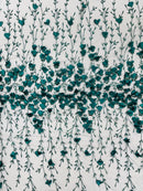 3D Glitter Floral Fabric - Hunter Green - Floral Line Glitter Designs on Mesh Fabric Sold By Yard