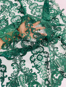 King Lace Design Fabric - Hunter Green - King Design with Sequins Embroidered On Mesh By Yard