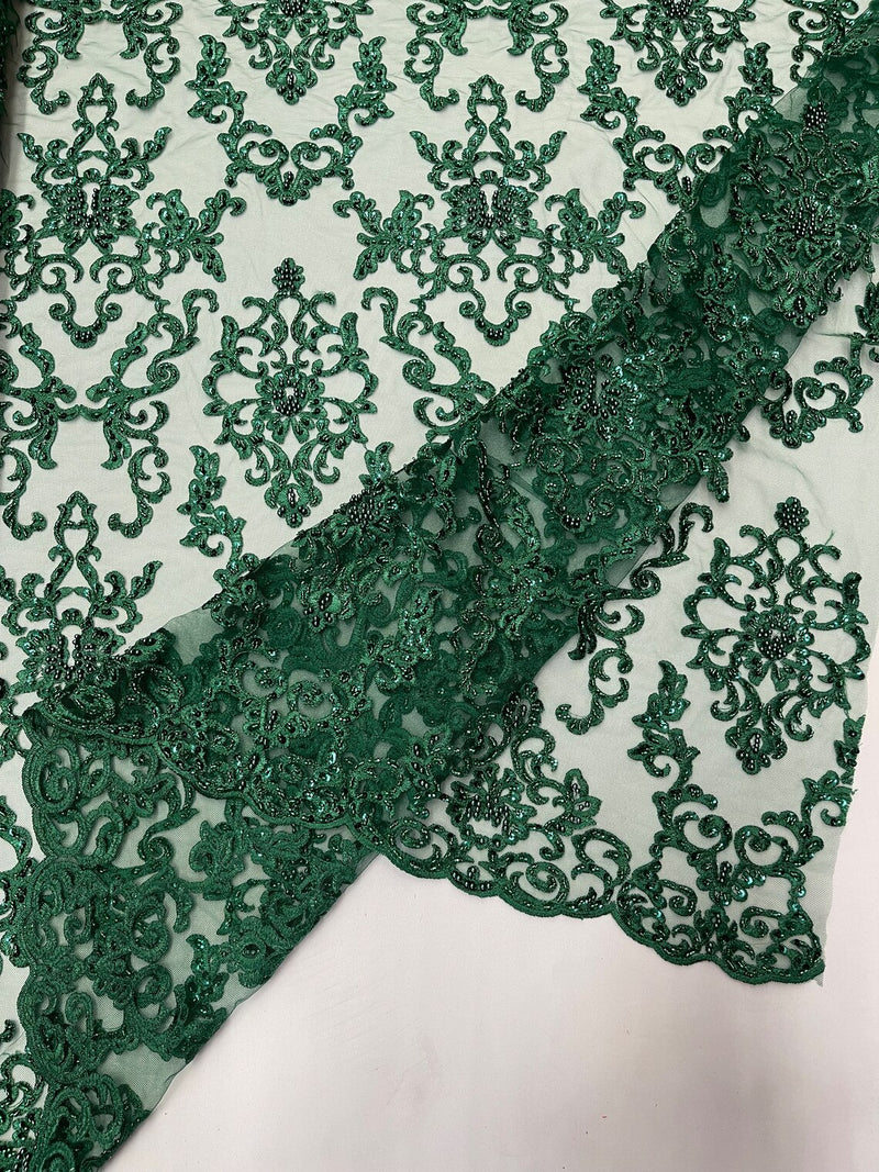Beaded Butterfly Pattern Fabric - Hunter Green - Damask Fancy Bead Sequins Fabric Sold by Yard