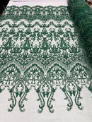 Damask Beaded Glam Fabric - Hunter Green - Embroidery Beaded Fabric with Round Beads Sold By The Yard