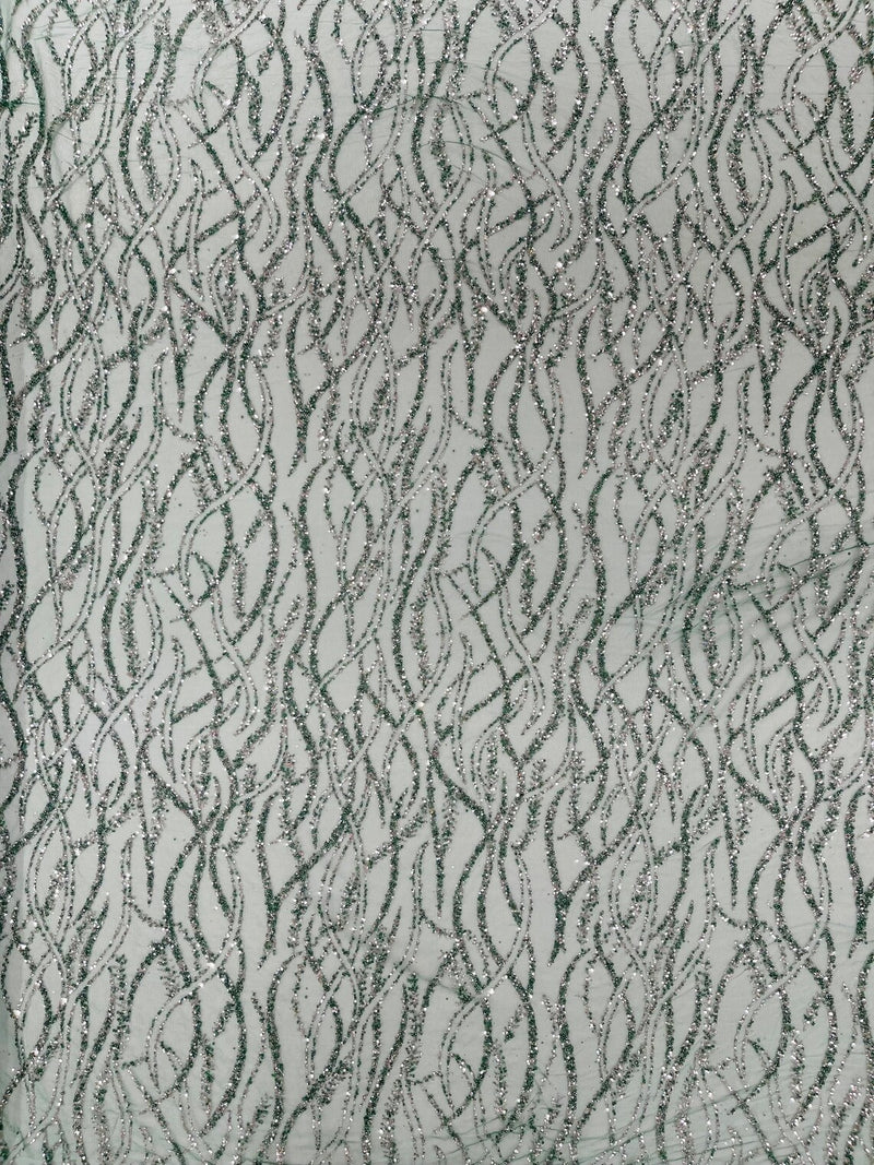 Beaded Wavy Fabric Design - Hunter Green - Bead and Sequins Wavy Lace Fabric By Yard