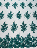Flower Lace Sequins Fabric - Hunter Green - Embroidered Floral Pattern Fabric with Sequins on Lace By Yard