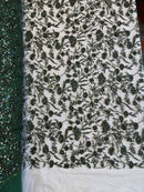 Floral Plant Bead Design - Hunter Green - Beaded Flower Plants Embroidered  Sequins Fabric By Yard