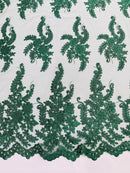 Braid Leaf Designs Lace Fabric - Hunter Green - Embroidered Floral Leaf Pattern on Lace Mesh Fabric By Yard