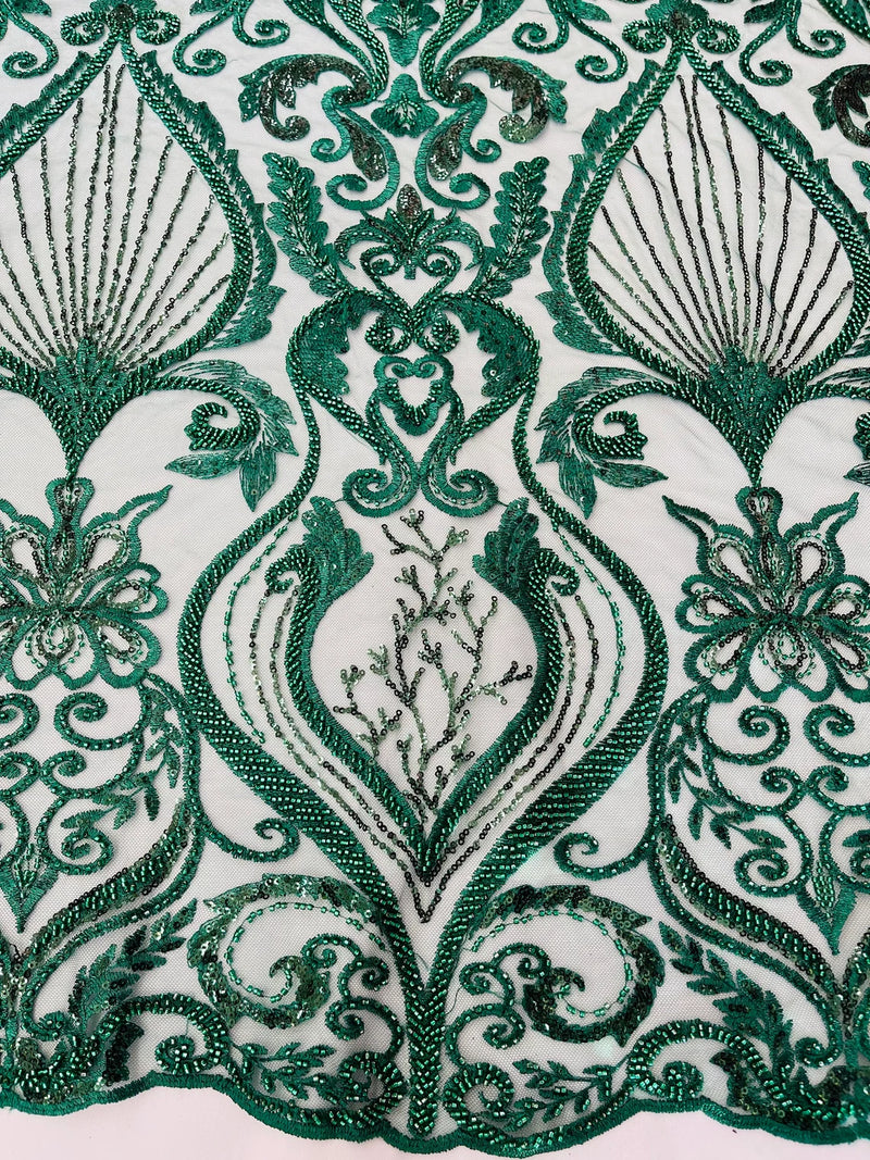 Leaf Damask Bead Fabric - Hunter Green - Embroidered Sequins Heavy Beaded Lace Fabric by Yard