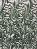 Curvy Design Sequins Fabric - Hunter Green - 4 Way Stretch Curvy Sequins Design Mesh Fabric by Yard