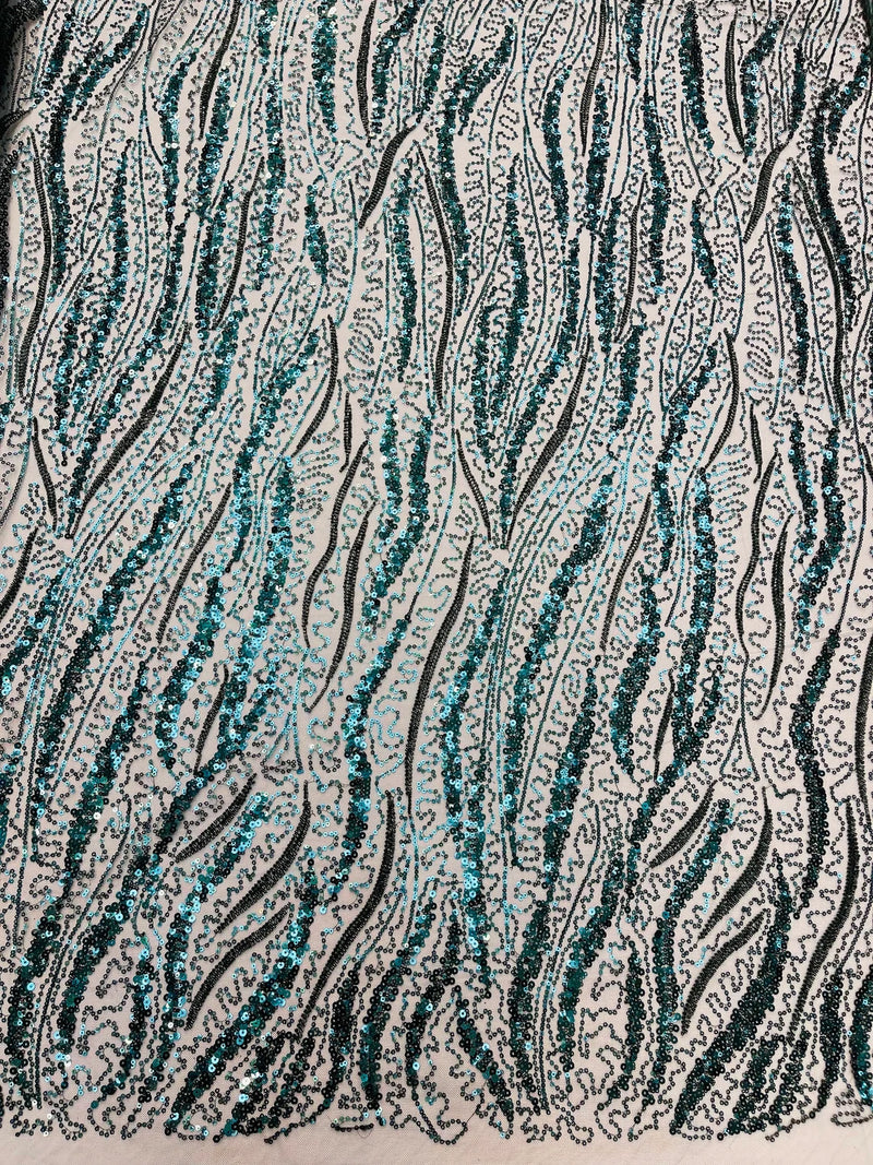 Wavy Leaf Lines Fabric - Hunter Green - Beaded Sequins Leaf Pattern Embroidered On Mesh By Yard